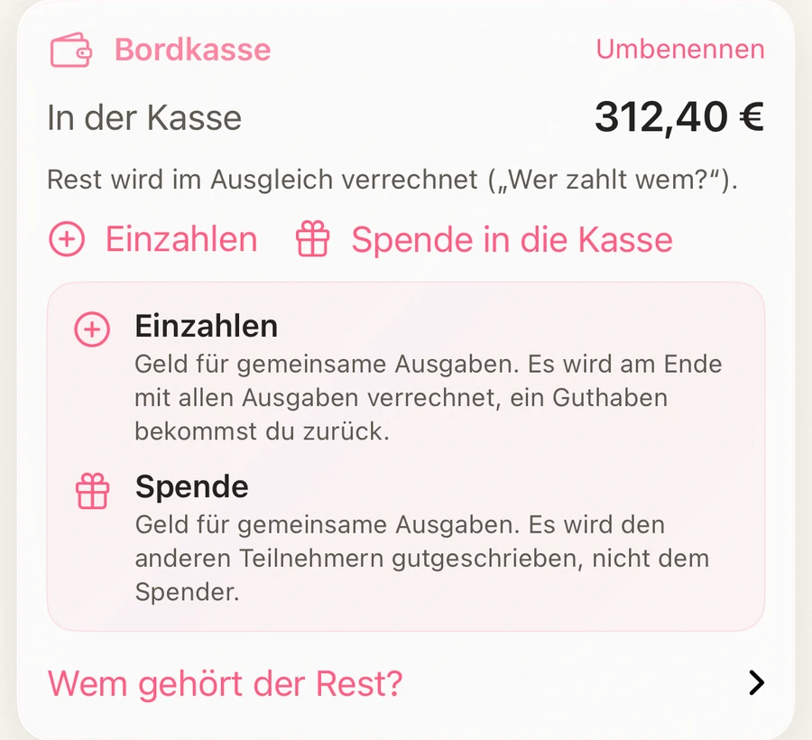 Bordkasse in HelloKiwi: In der Kasse 312,40 €, darunter die Knöpfe Einzahlen und Spende in die Kasse mit kurzer Erklärung.