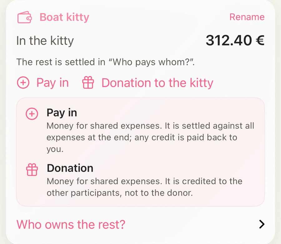 Boat kitty in HelloKiwi: 312.40 € in the kitty, with the buttons Pay in and Donation to the kitty and a short explanation.