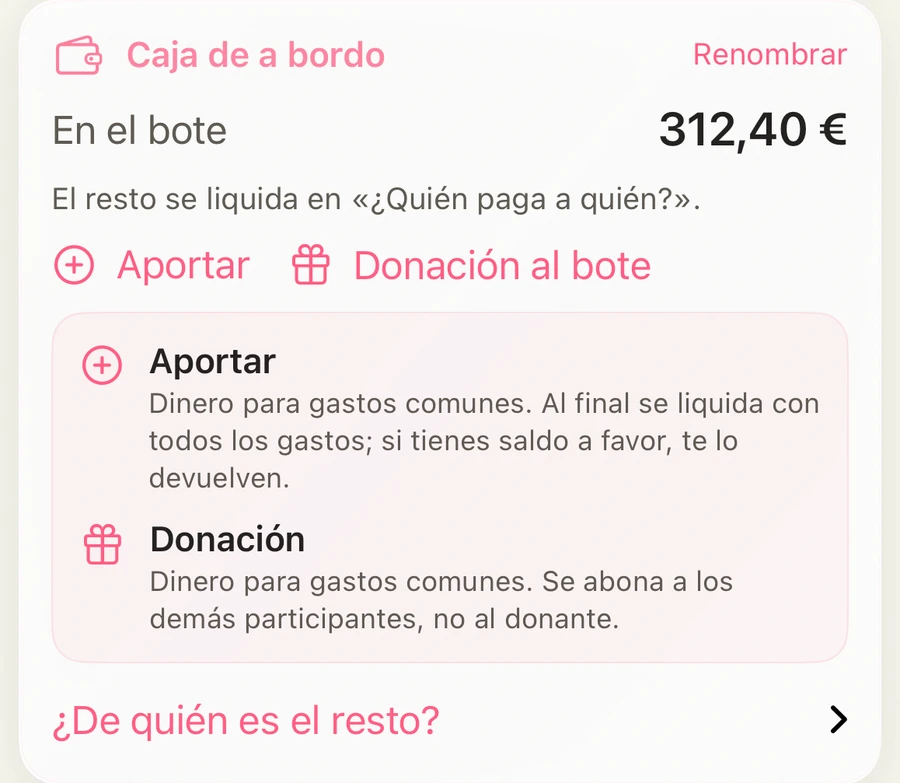 Caja de a bordo en HelloKiwi: 312,40 € en el bote, con los botones Aportar y Donación al bote y una breve explicación.