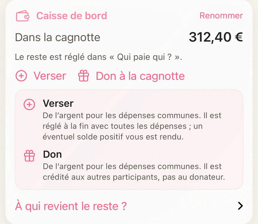Caisse de bord dans HelloKiwi : 312,40 € dans la cagnotte, avec les boutons Verser et Don à la cagnotte et une courte explication.