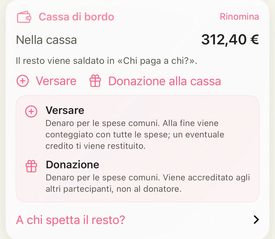 Cassa di bordo in HelloKiwi: 312,40 € nella cassa, con i pulsanti Versare e Donazione alla cassa e una breve spiegazione.