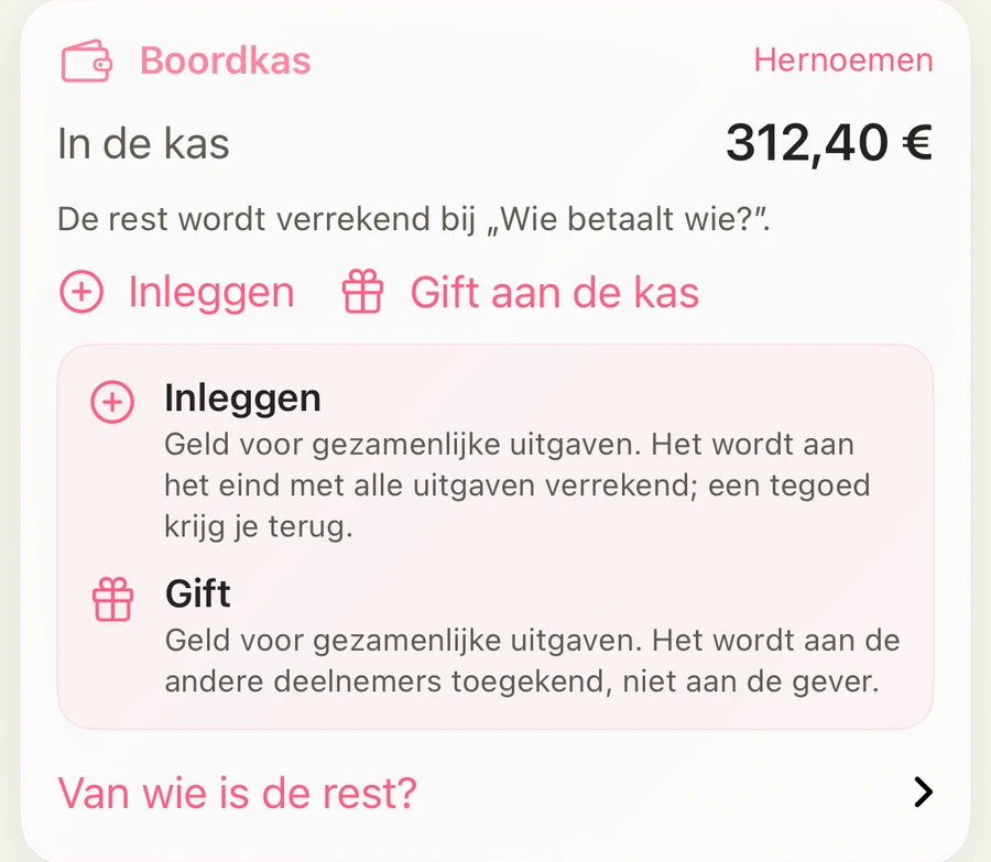 Boordkas in HelloKiwi: 312,40 € in de kas, met de knoppen Inleggen en Gift aan de kas en een korte uitleg.