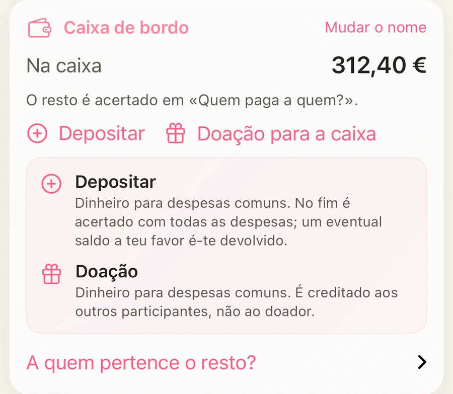 Caixa de bordo na HelloKiwi: 312,40 € na caixa, com os botões Depositar e Doação para a caixa e uma breve explicação.