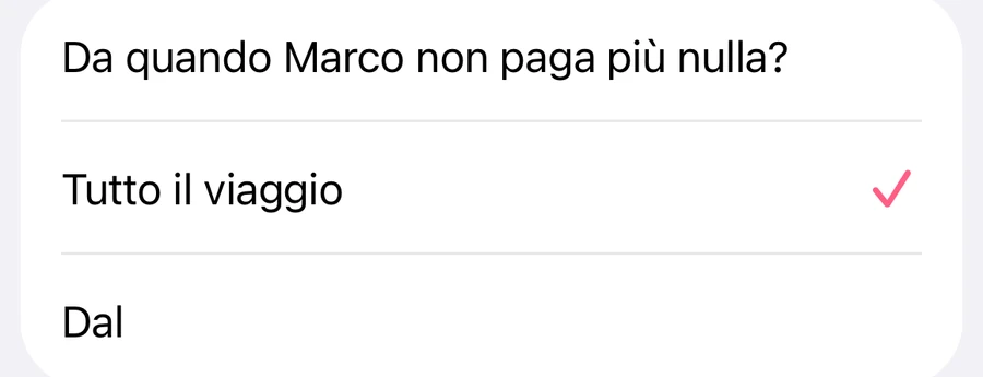 HelloKiwi chiede: Da quando Marco non paga più nulla? È selezionato Tutto il viaggio, in alternativa Dal (data).