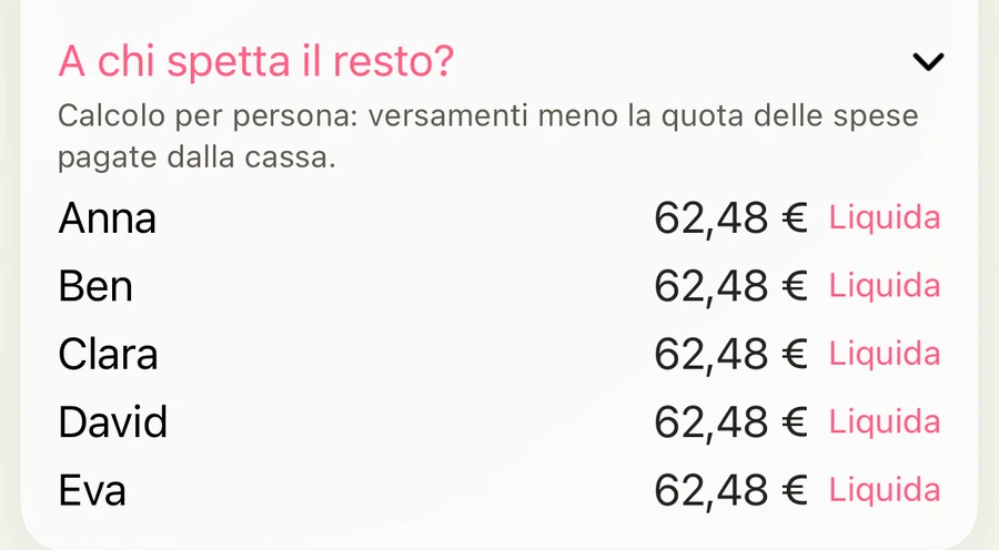 A chi spetta il resto? Anna, Ben, Clara, David ed Eva ricevono 62,48 € ciascuno dalla cassa di bordo, con Liquida.
