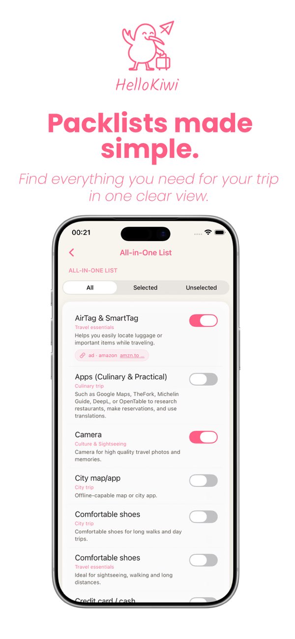 Packing list screen